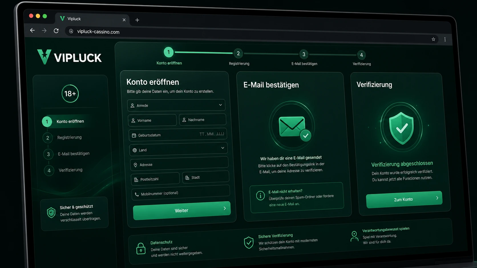 Vipluck anmelden und neues Konto eröffnen